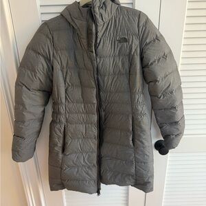 The North Face Gray Puffer Jacket with Hood.